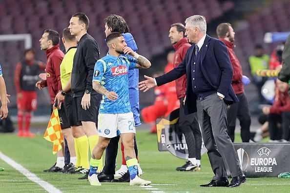 Insigne walks off the pitch after being substituted in the second leg of Napoli's Europa League tie against Arsenal